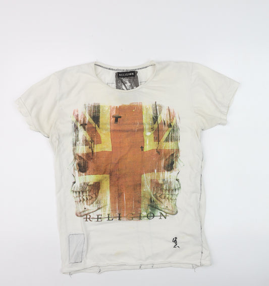 Religion Men's Beige Skull Union Jack Graphic Cotton T-Shirt M