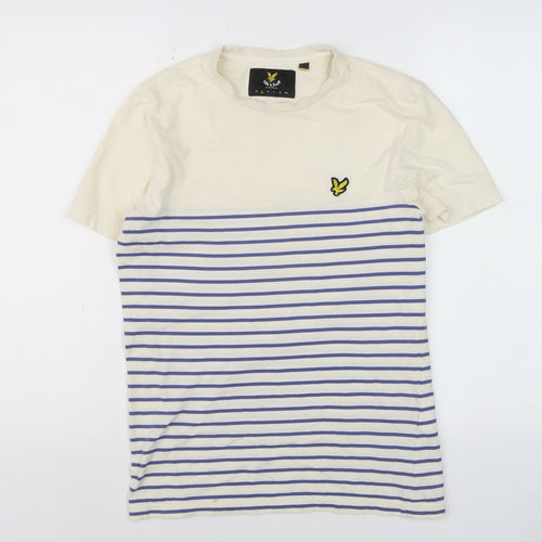Lyle & Scott Men's Beige Blue Striped Cotton Crew Neck T-Shirt Size M