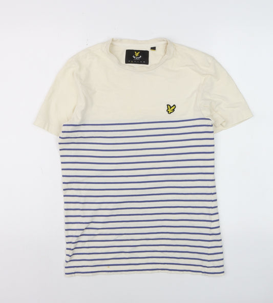 Lyle & Scott Men's Beige Blue Striped Cotton Crew Neck T-Shirt Size M