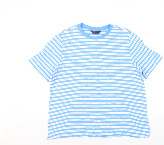 Marks and Spencer Men's Blue Striped Cotton Crew Neck T-Shirt Size L