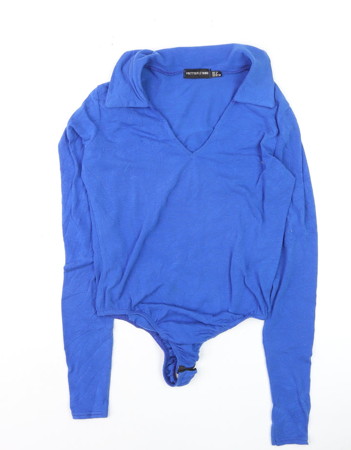 PrettyLittleThing Women’s Blue Long Sleeve V-Neck Bodysuit Size 10
