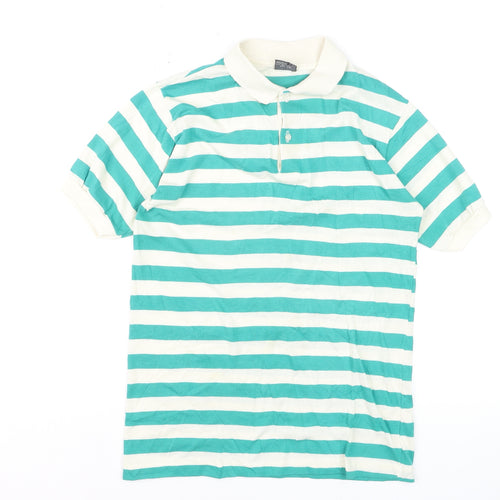 Tour de France Men's Green Striped Cotton Short Sleeve Polo Shirt M