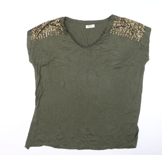 Papaya Womens Green Sequin Shoulder V-Neck T-Shirt XL
