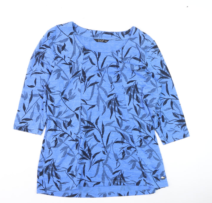 TIGI Women Blue Leaf Print 3/4 Sleeve Pullover Jumper Size 10/12