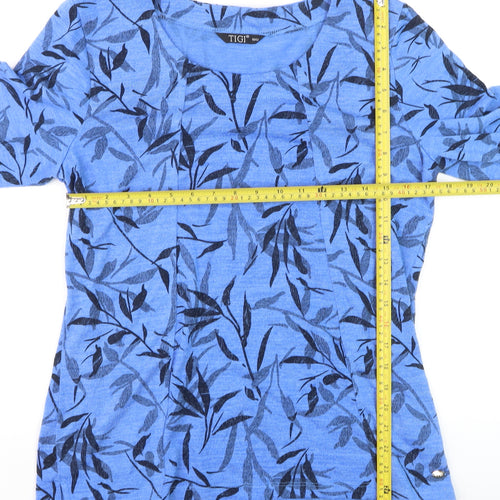 TIGI Women Blue Leaf Print 3/4 Sleeve Pullover Jumper Size 10/12