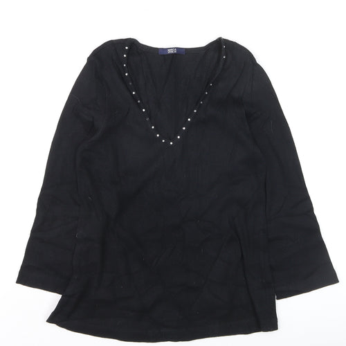 Marks and Spencer Women’s Black V-Neck Beaded Long Sleeve Cotton Blouse Size 14