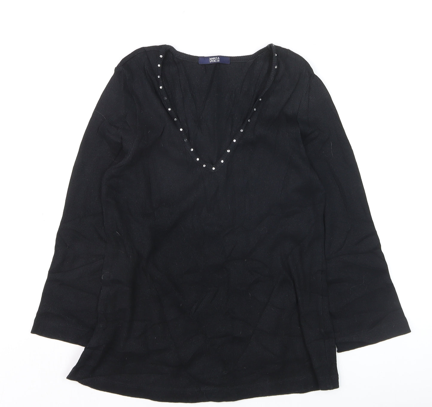 Marks and Spencer Women’s Black V-Neck Beaded Long Sleeve Cotton Blouse Size 14