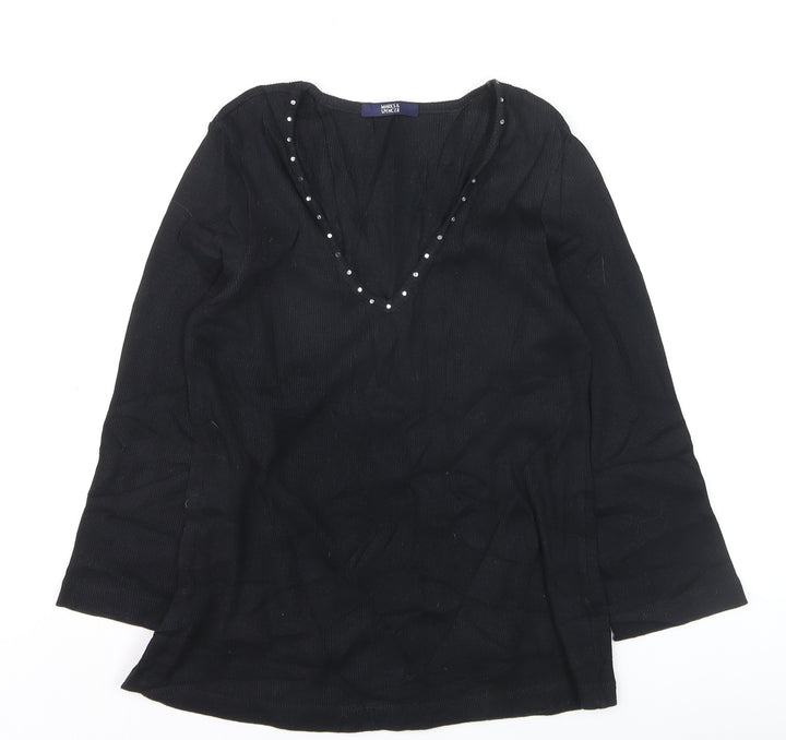 Marks and Spencer Women’s Black V-Neck Beaded Long Sleeve Cotton Blouse Size 14