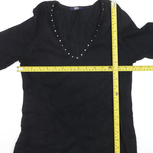 Marks and Spencer Women’s Black V-Neck Beaded Long Sleeve Cotton Blouse Size 14