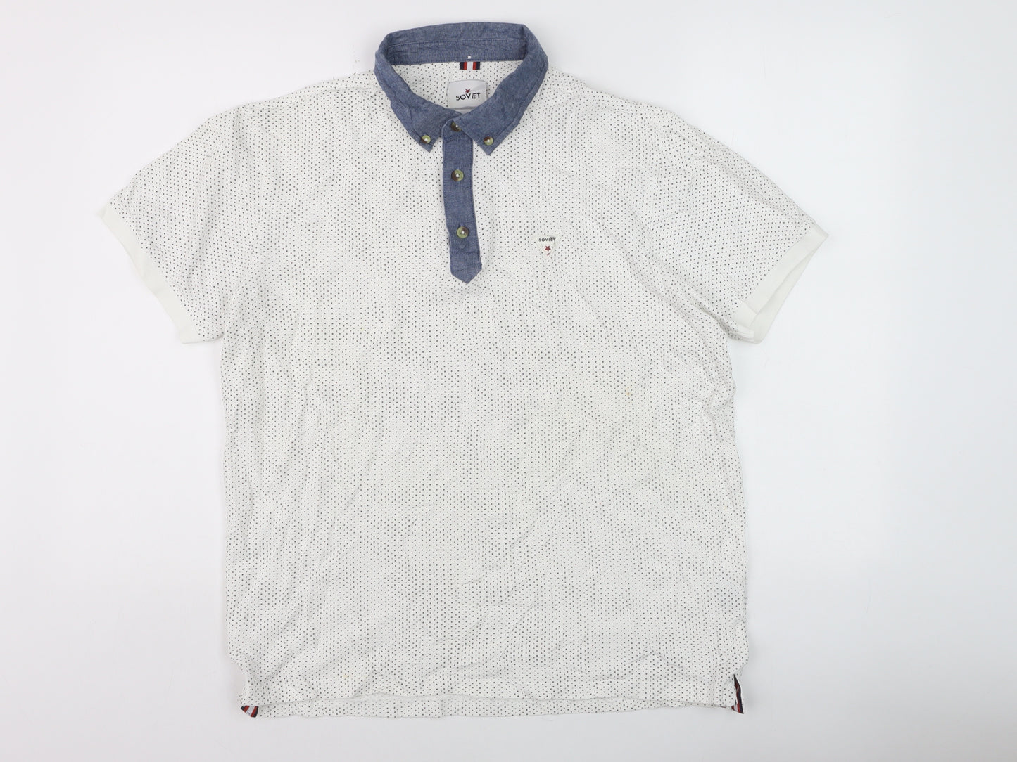 Soviet Men’s White Polka Dot Polo Shirt XL Button-Down Collar