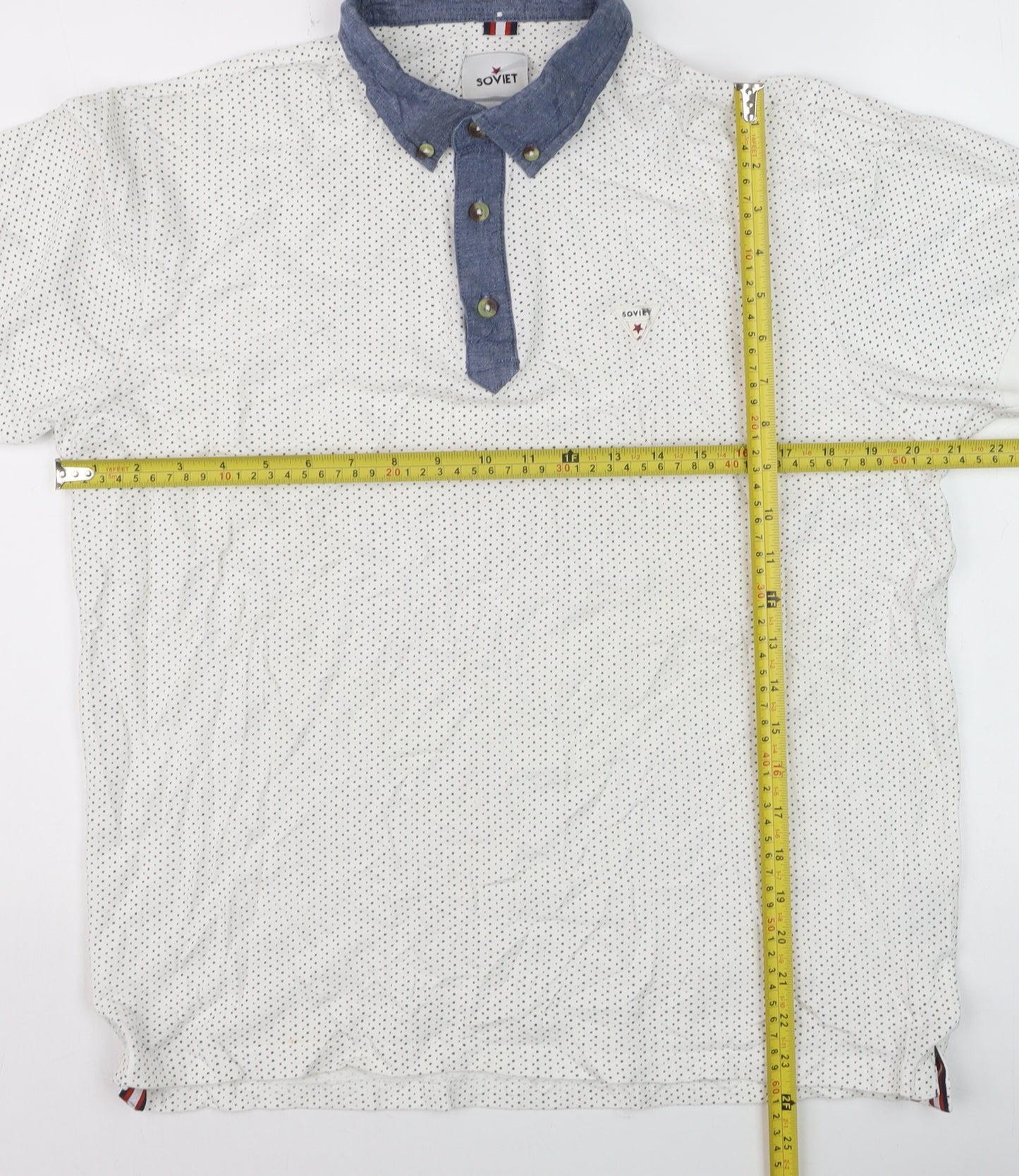 Soviet Men’s White Polka Dot Polo Shirt XL Button-Down Collar