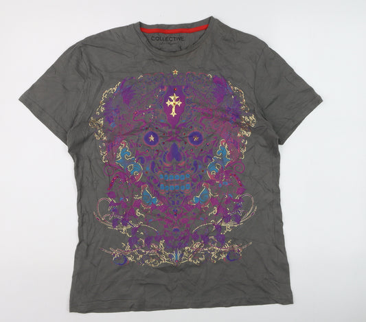 Collective Los Angeles Men's Grey Skull Graphic Cotton T-Shirt M