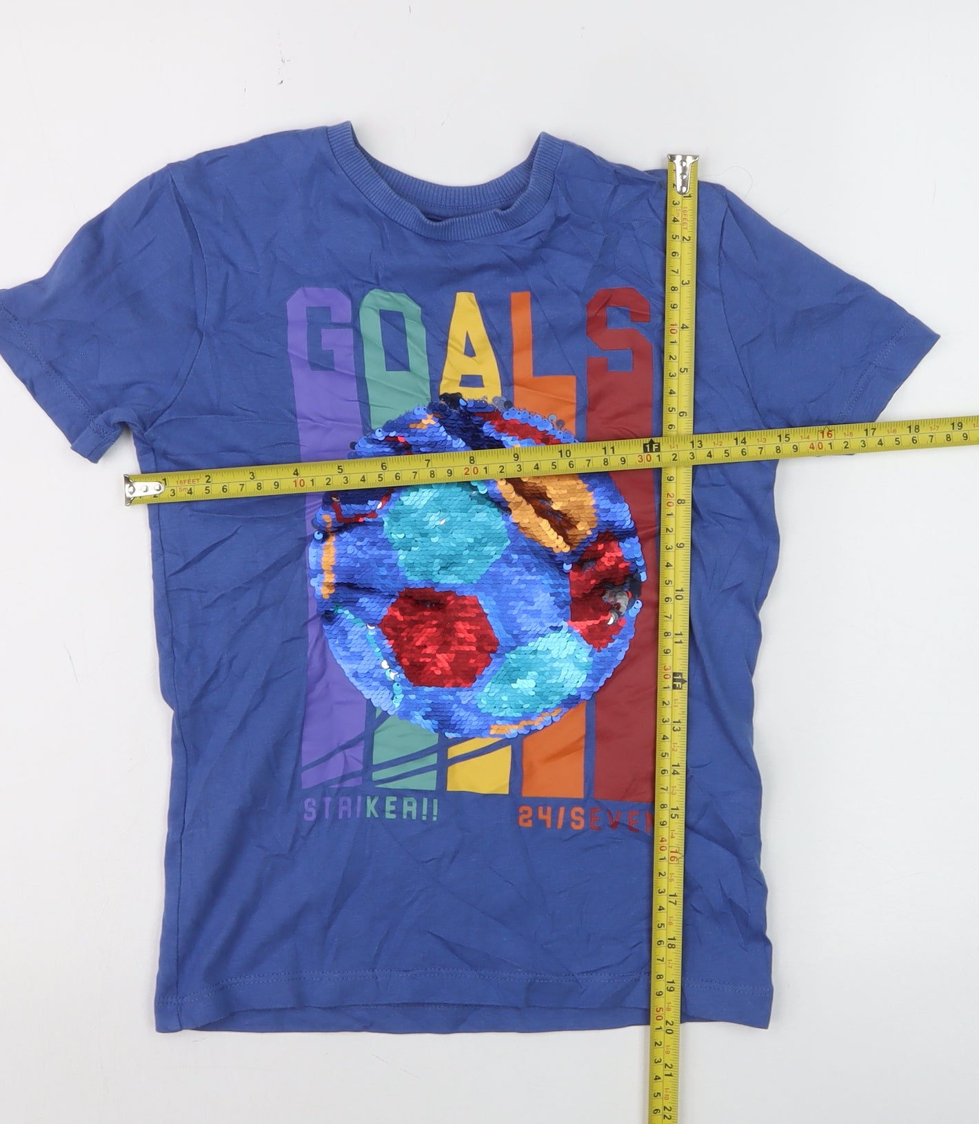 Next Boys Blue Sequin Football Goals T-Shirt 8 Years Short Sleeve Cotton