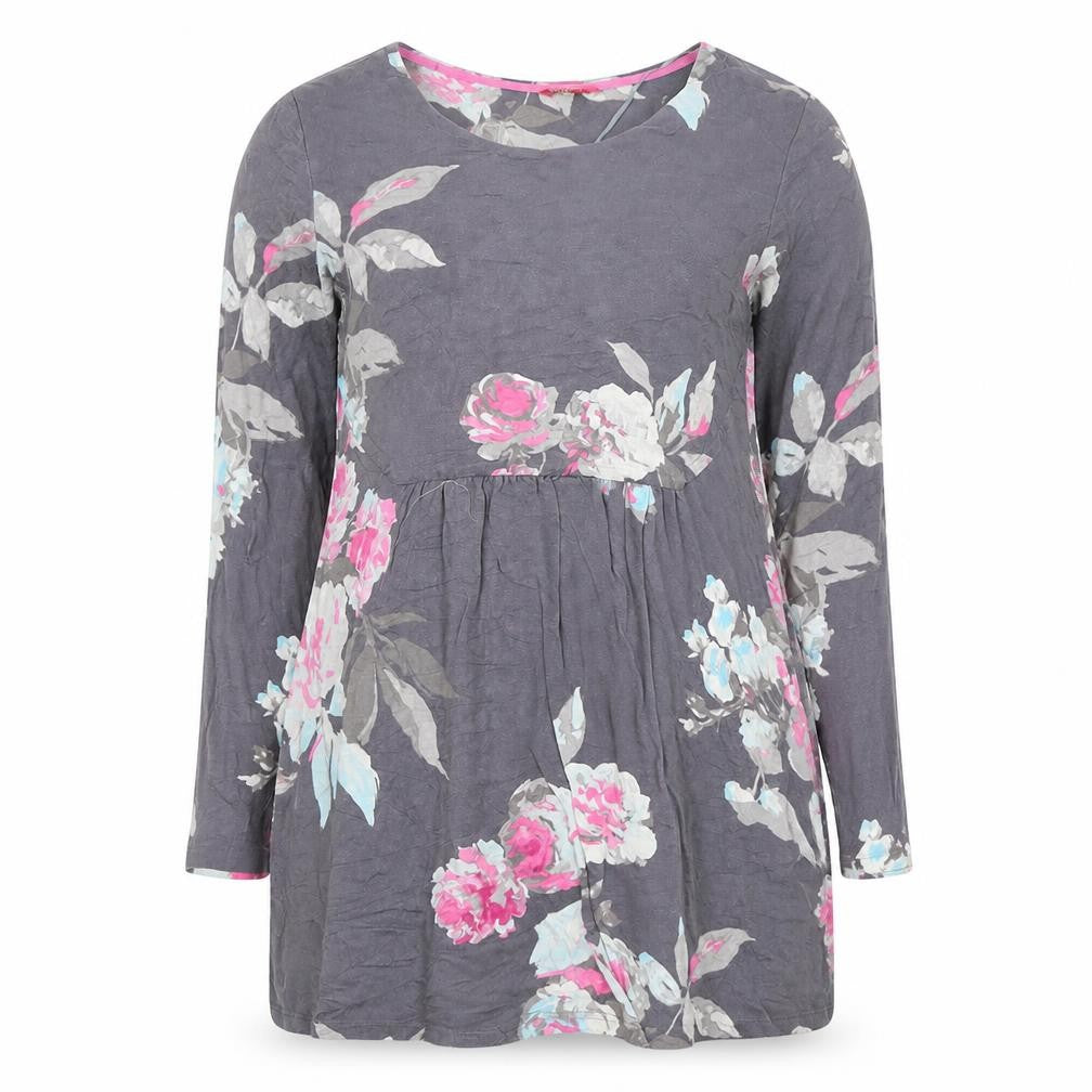 Joules Women's Grey Floral Tunic Top Size 12 Long Sleeve Viscose Blend