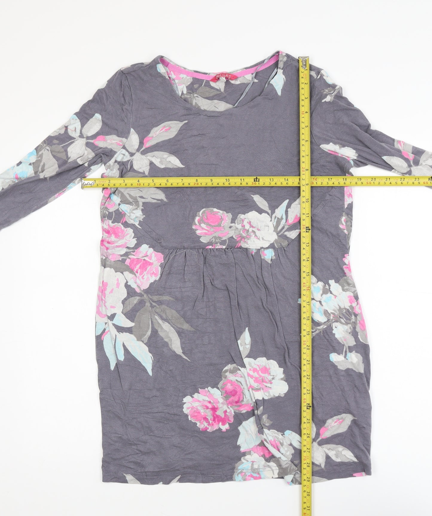 Joules Women's Grey Floral Tunic Top Size 12 Long Sleeve Viscose Blend