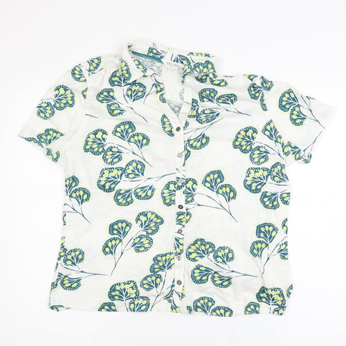 White Stuff Women White Floral Cotton Short Sleeve Button-Up Shirt Size 18