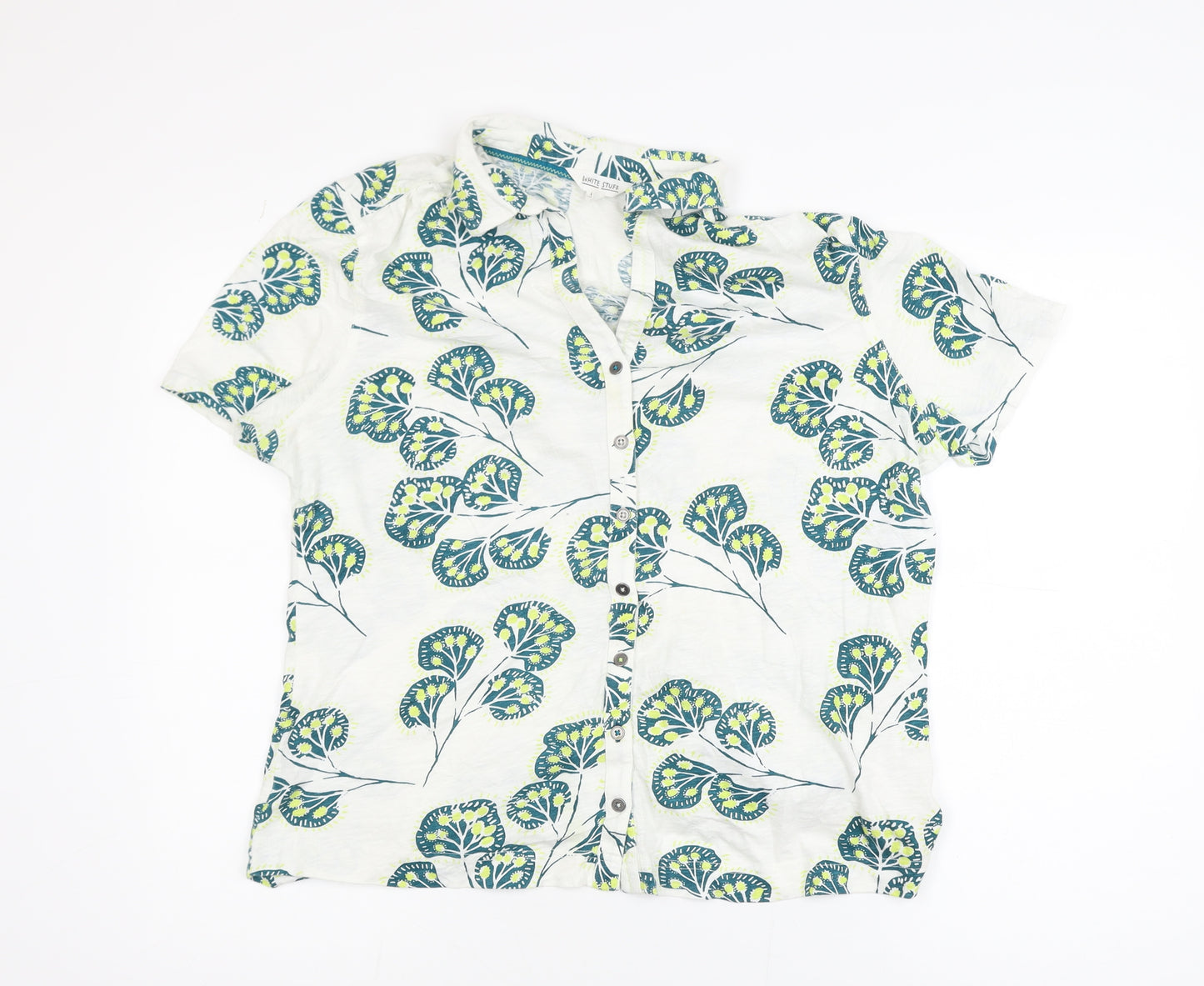 White Stuff Women White Floral Cotton Short Sleeve Button-Up Shirt Size 18