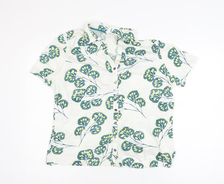 White Stuff Women White Floral Cotton Short Sleeve Button-Up Shirt Size 18