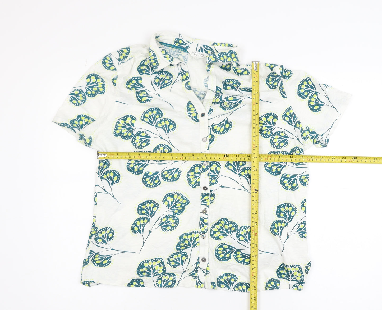 White Stuff Women White Floral Cotton Short Sleeve Button-Up Shirt Size 18