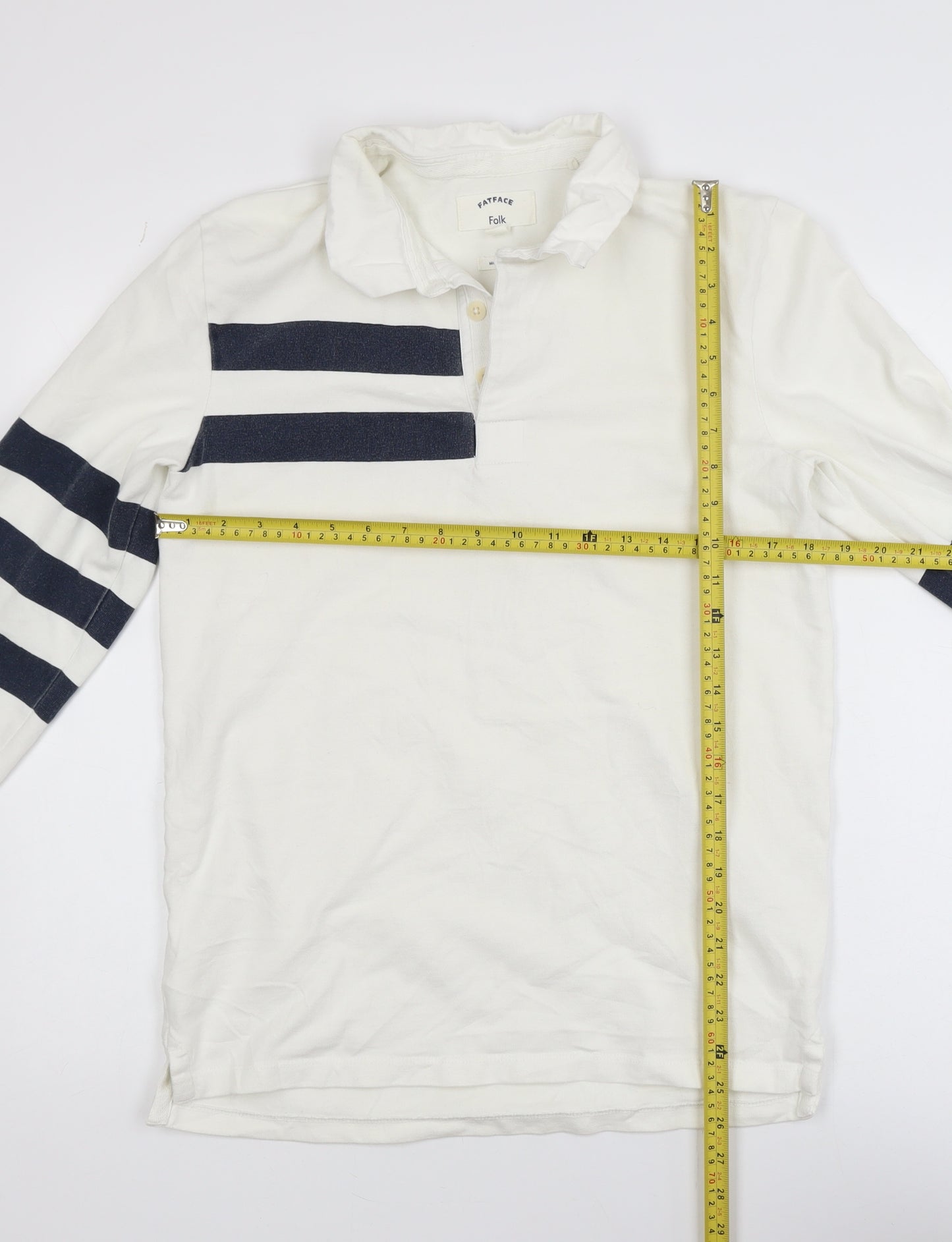 FatFace Folk Men's White Long Sleeve Polo Shirt Size S 100% Cotton