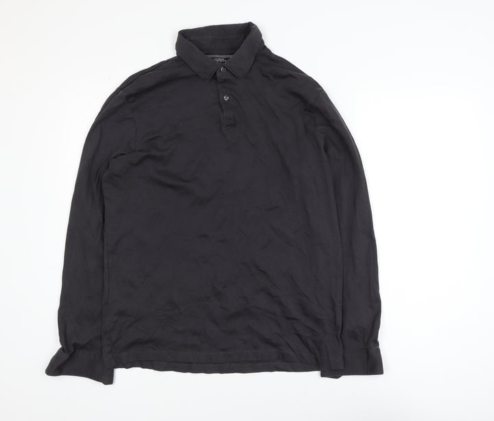 Charles Tyrwhitt Men's Black Long Sleeve Cotton Polo Shirt Medium