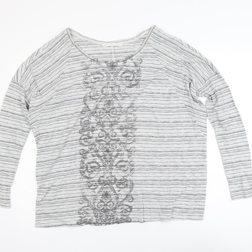 Peruvian Connection Women’s Grey Striped Embroidered Cotton Long Sleeve Top M