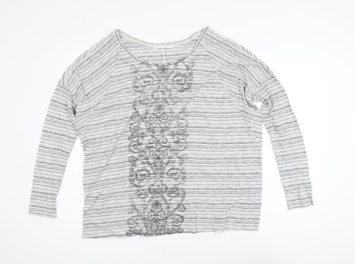 Peruvian Connection Women’s Grey Striped Embroidered Cotton Long Sleeve Top M