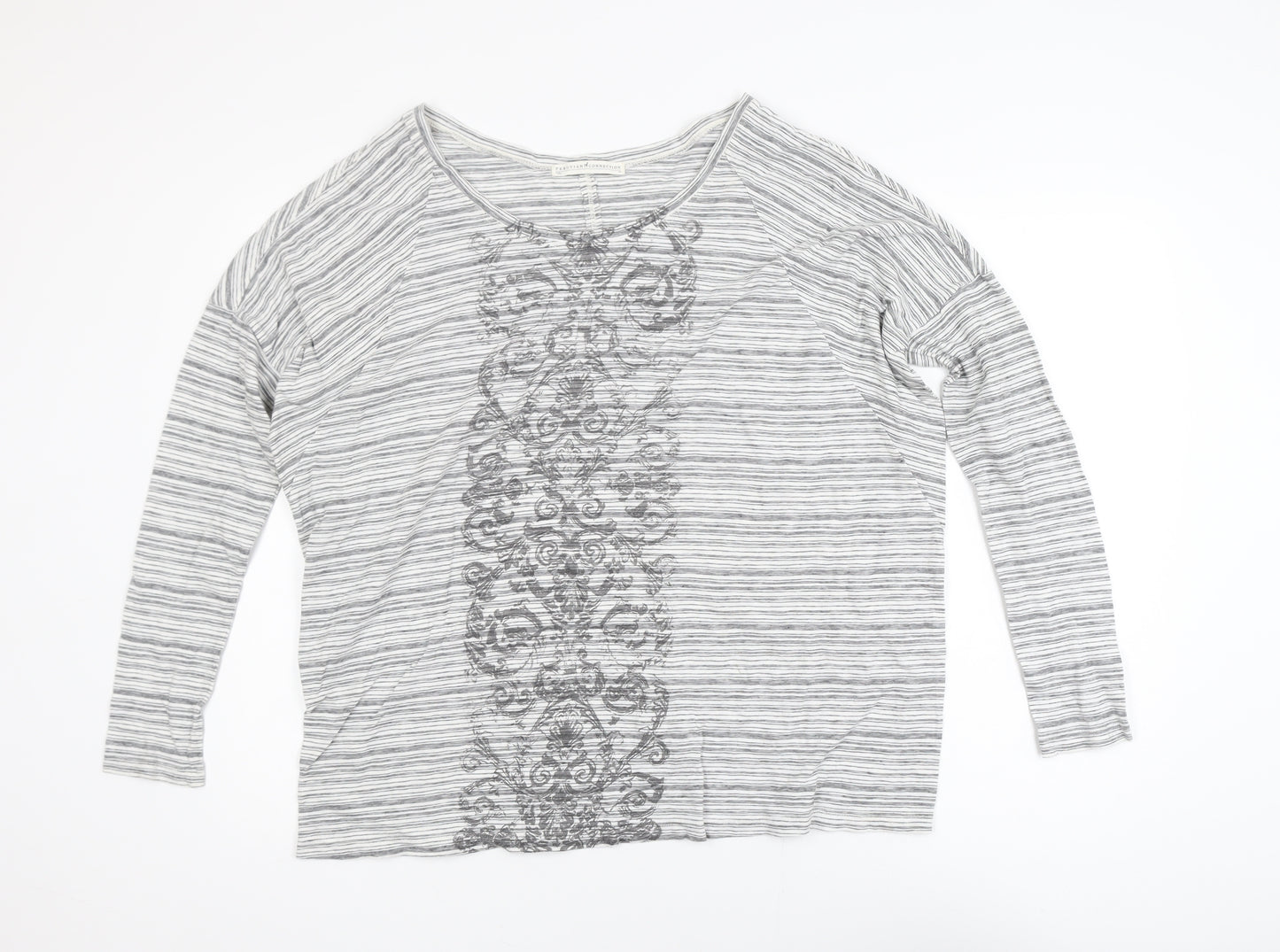 Peruvian Connection Women’s Grey Striped Embroidered Cotton Long Sleeve Top M