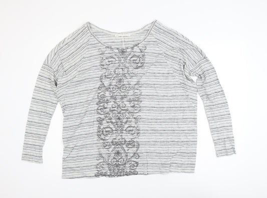 Peruvian Connection Women’s Grey Striped Embroidered Cotton Long Sleeve Top M