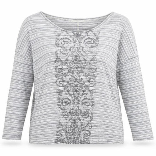 Peruvian Connection Women’s Grey Striped Embroidered Cotton Long Sleeve Top M