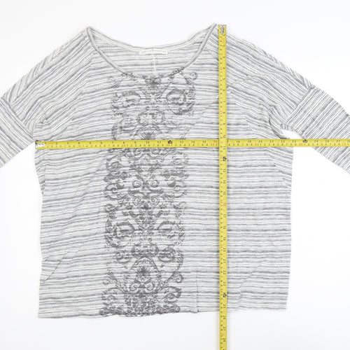 Peruvian Connection Women’s Grey Striped Embroidered Cotton Long Sleeve Top M