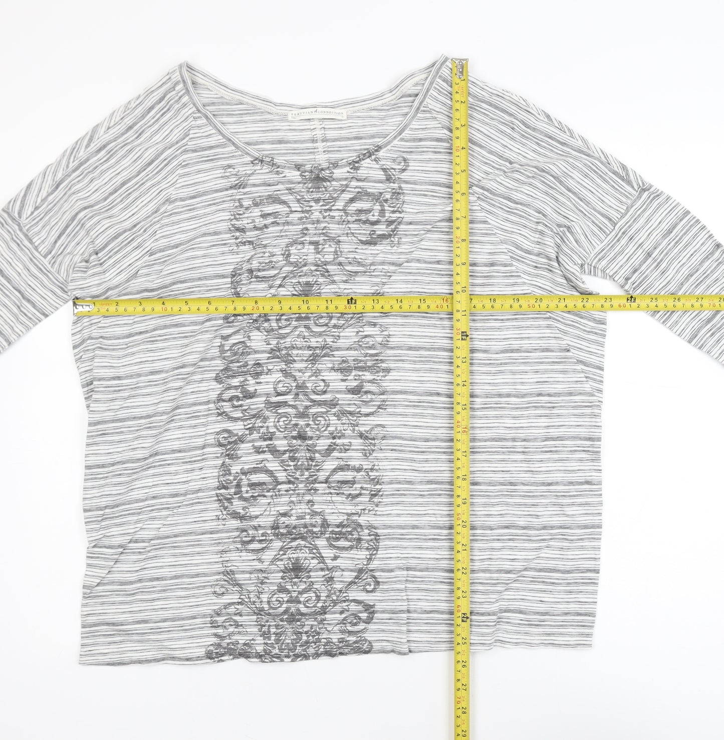 Peruvian Connection Women’s Grey Striped Embroidered Cotton Long Sleeve Top M