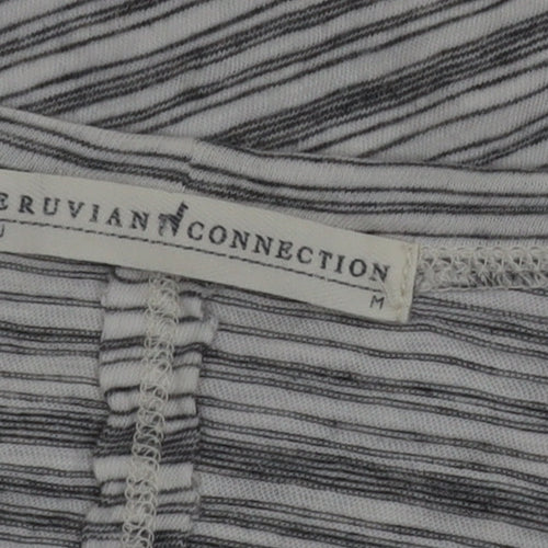 Peruvian Connection Women’s Grey Striped Embroidered Cotton Long Sleeve Top M