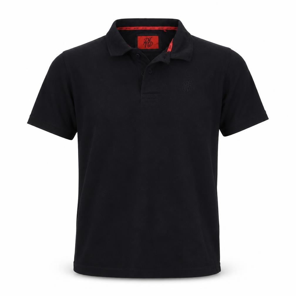 Front view of DFND Men’s Black Polo Shirt Medium Cotton Blend Logo