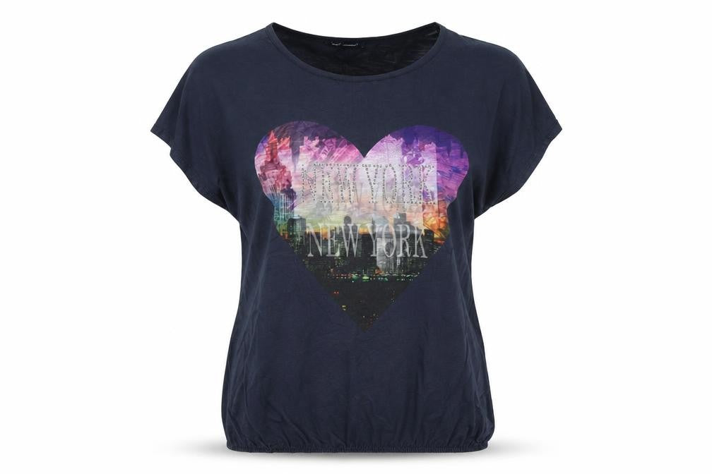 Front view of Next women’s blue new york heart graphic t-shirt, size UK 16, polyester