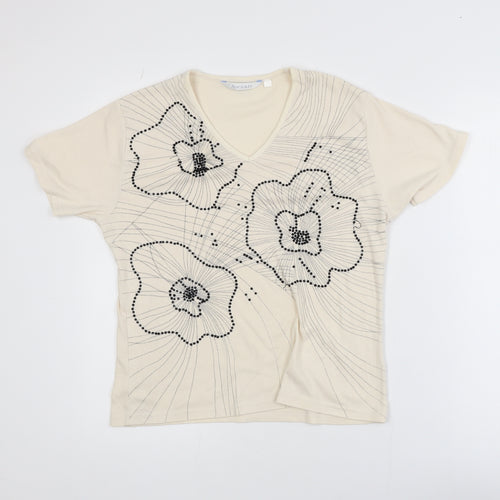 Award Women’s Beige Floral Beaded V-Neck Short Sleeve T-Shirt M