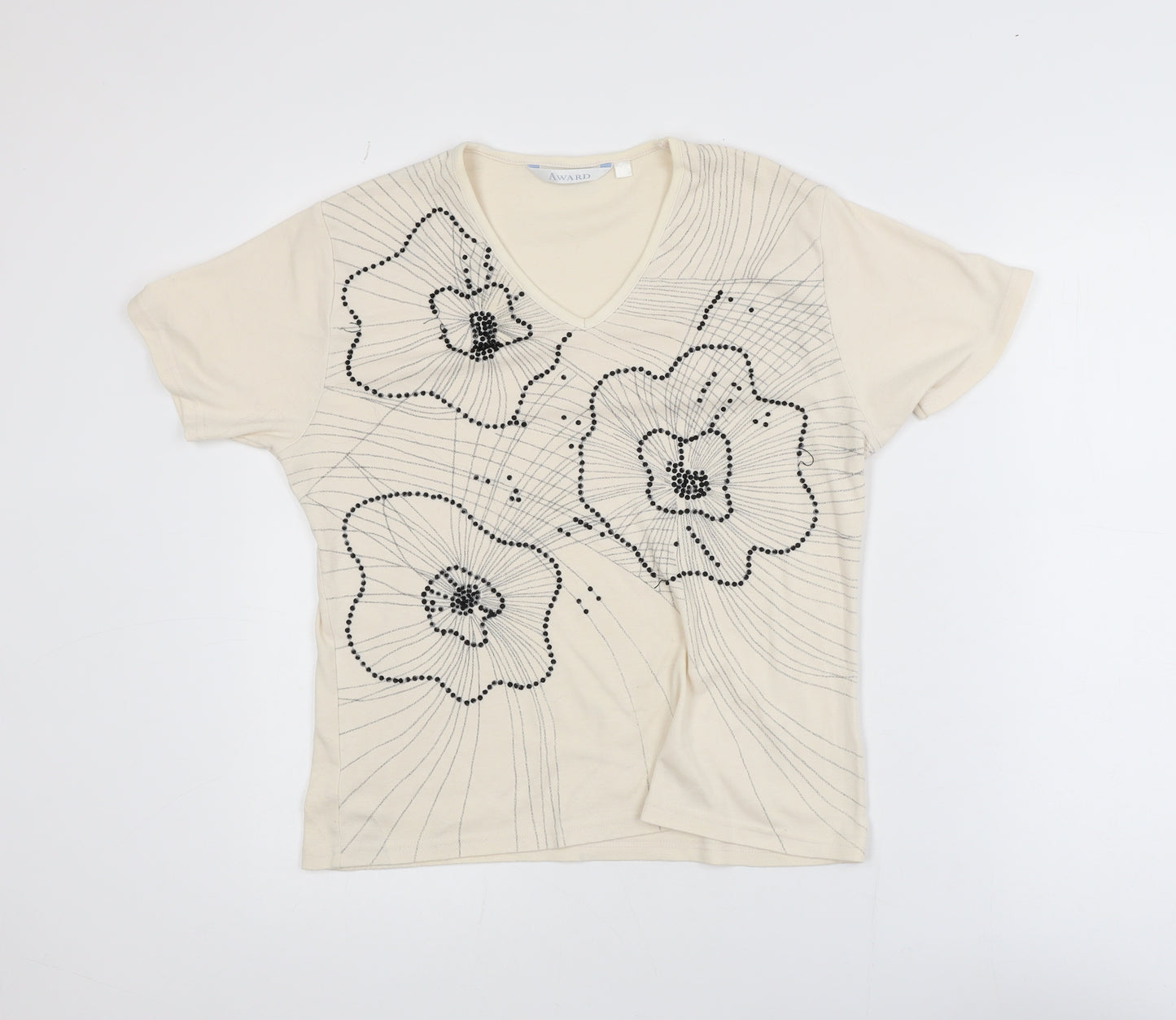 Award Women’s Beige Floral Beaded V-Neck Short Sleeve T-Shirt M