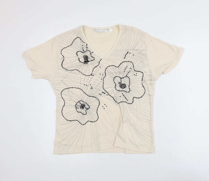 Award Women’s Beige Floral Beaded V-Neck Short Sleeve T-Shirt M