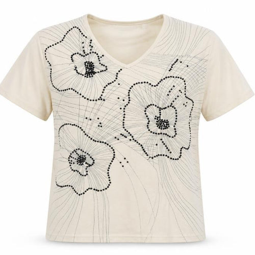 Award Women’s Beige Floral Beaded V-Neck Short Sleeve T-Shirt M