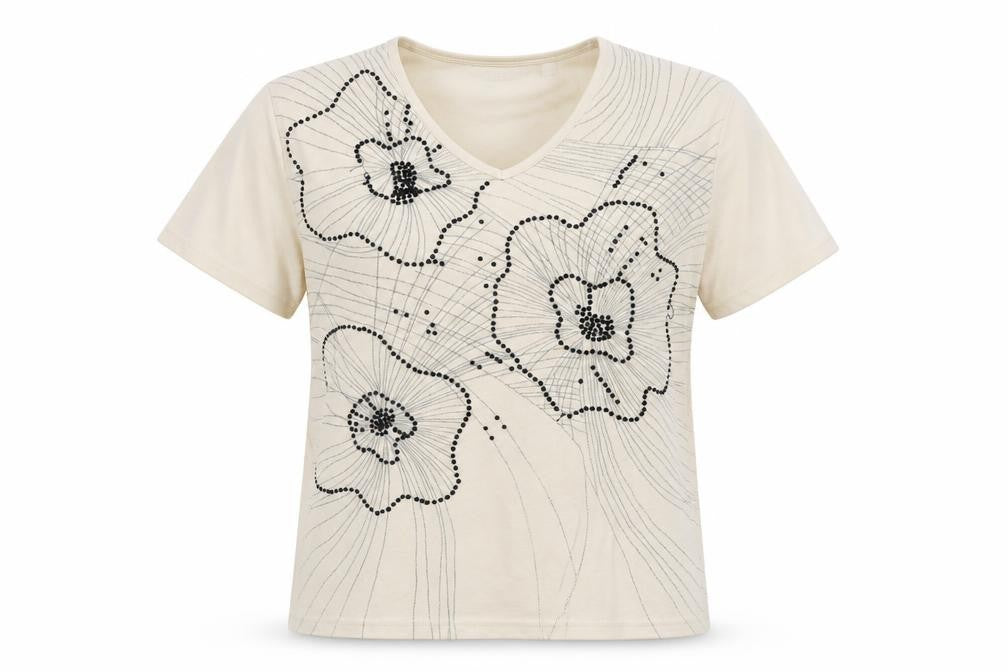 Award Women’s Beige Floral Beaded V-Neck Short Sleeve T-Shirt M
