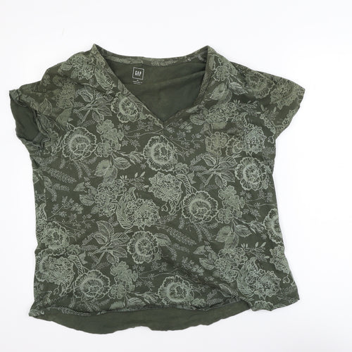 GAP Womens Green Floral V-Neck Short Sleeve T-Shirt XL