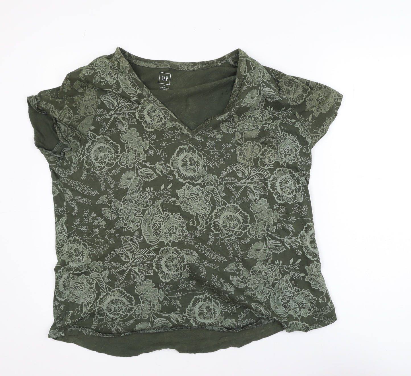 GAP Womens Green Floral V-Neck Short Sleeve T-Shirt XL