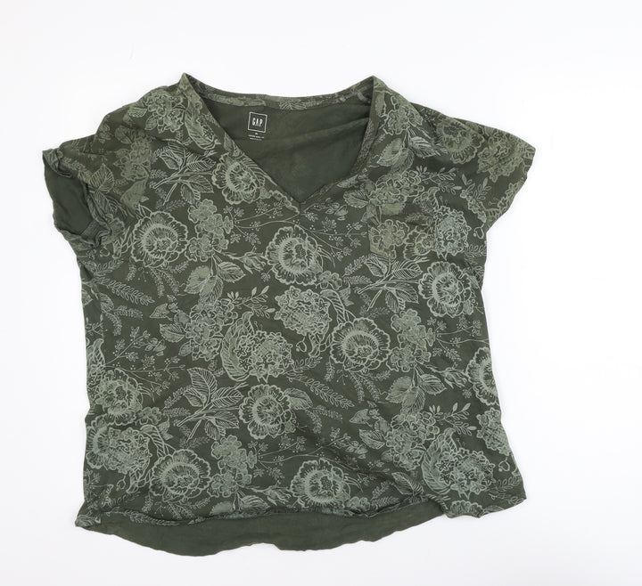 GAP Womens Green Floral V-Neck Short Sleeve T-Shirt XL