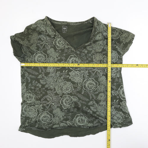 GAP Womens Green Floral V-Neck Short Sleeve T-Shirt XL