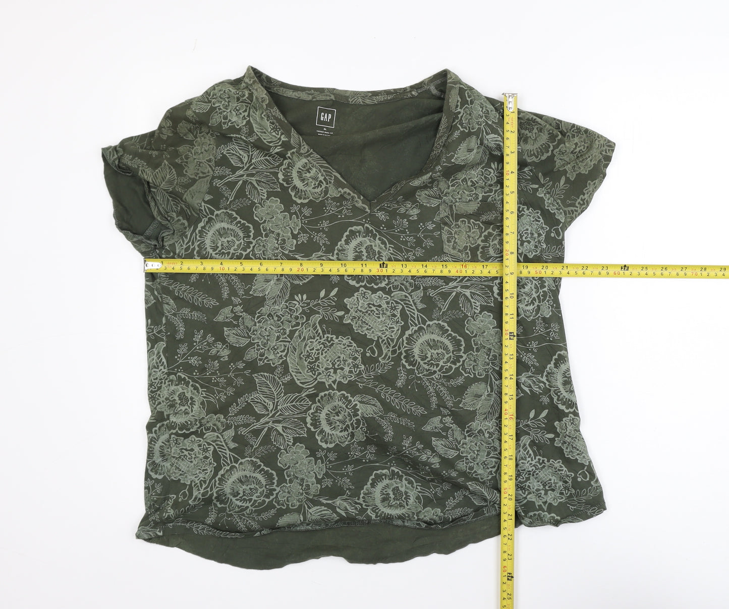 GAP Womens Green Floral V-Neck Short Sleeve T-Shirt XL