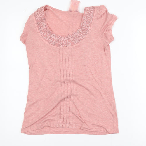 Marks and Spencer Per Una Women's Pink Embroidered Scoop Neck Cotton T-Shirt Size 12