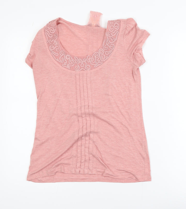 Marks and Spencer Per Una Women's Pink Embroidered Scoop Neck Cotton T-Shirt Size 12