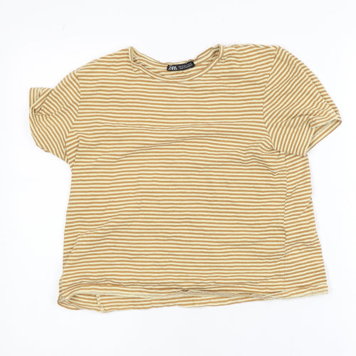 Zara Women Beige Striped Short Sleeve Cotton T-Shirt Size S