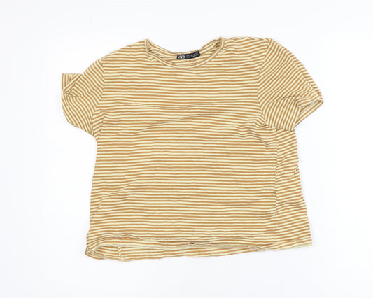 Zara Women Beige Striped Short Sleeve Cotton T-Shirt Size S