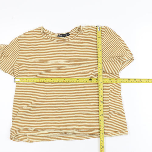 Zara Women Beige Striped Short Sleeve Cotton T-Shirt Size S